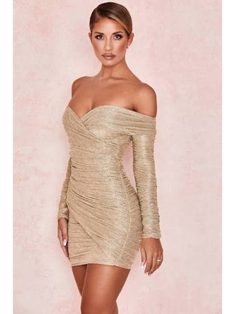 House of CB Felicity Pale Gold Metallic Ruched Mini Dress Size XS NWT